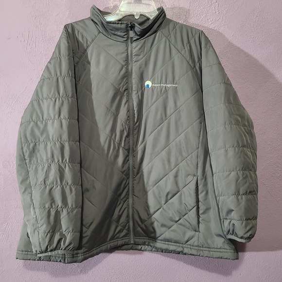 Lands End Quilted Full Zip Puffer Jacket Aspen Management Logo Gray Women 2X - Picture 2 of 8